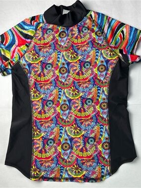 G4S Playful Psychedelic Pattern Swim Top Girls L High Neck Thicker Fabric Bra SS